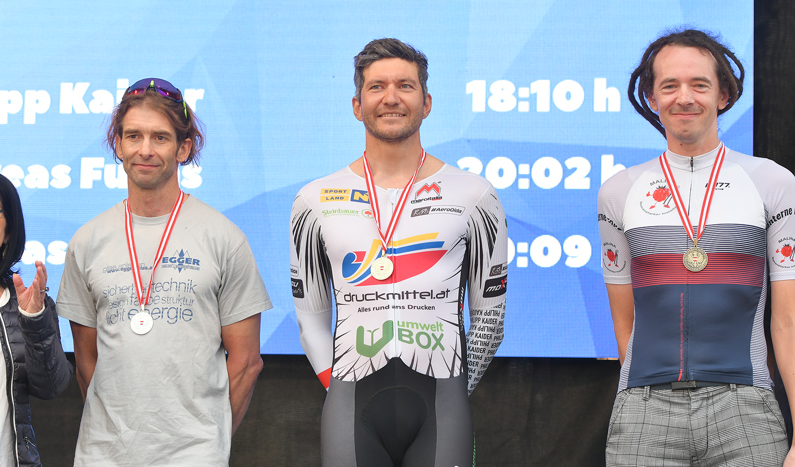 Philipp Kaider am Podest mit der Goldmedaille bei der &Ouml;sterreichischen Meisterschaft im Ultracycling beim Race Around Nieder&ouml;sterreich